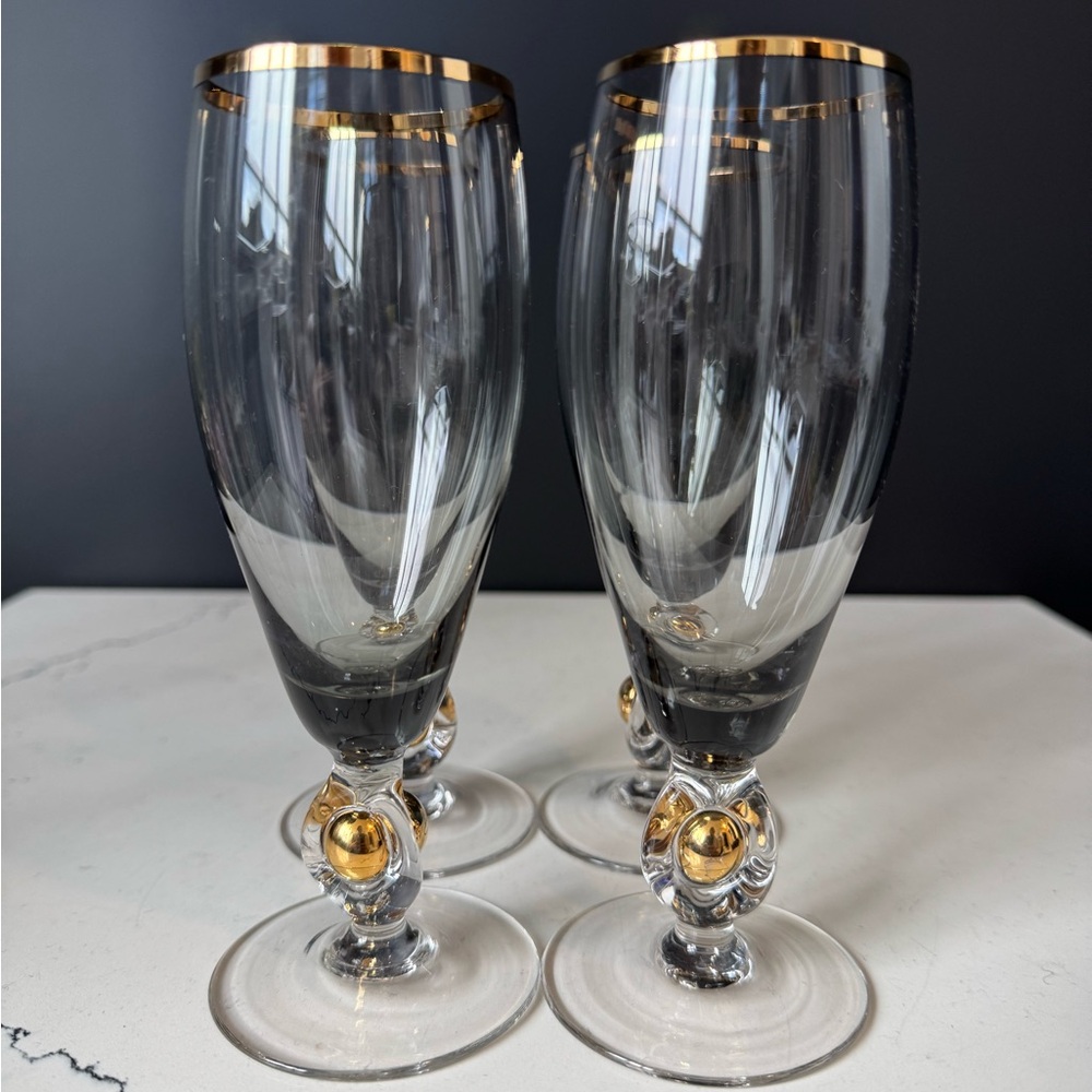 Jozef Stanik Champagne Flutes Handblown Stemware Glasses Set of 4 Glassware Set